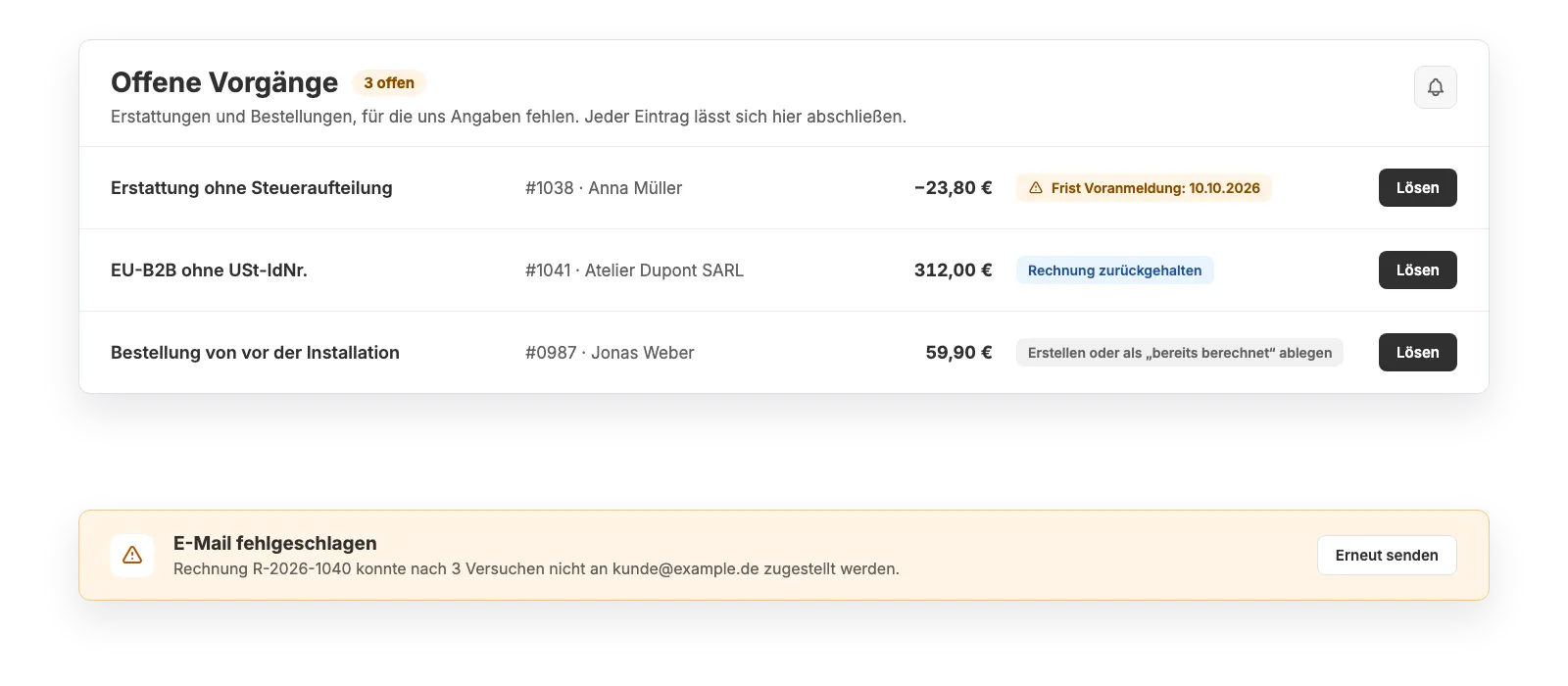 Die Liste „Offene Vorgänge“ im Dashboard: drei Einträge mit Bestellung, Betrag, Frist und einem Button zum Lösen.