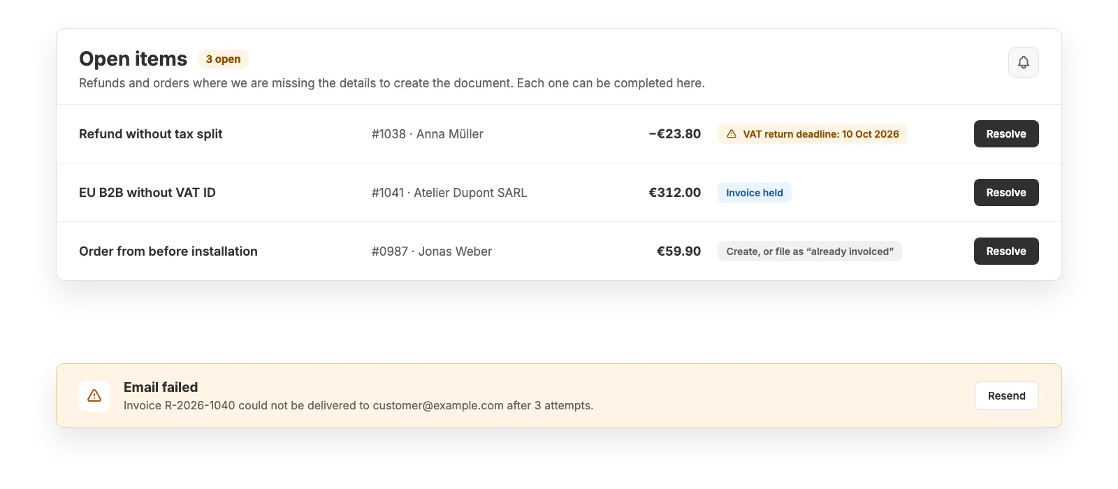 The "Open items" list in the dashboard: three entries with order, amount, deadline and a resolve button.